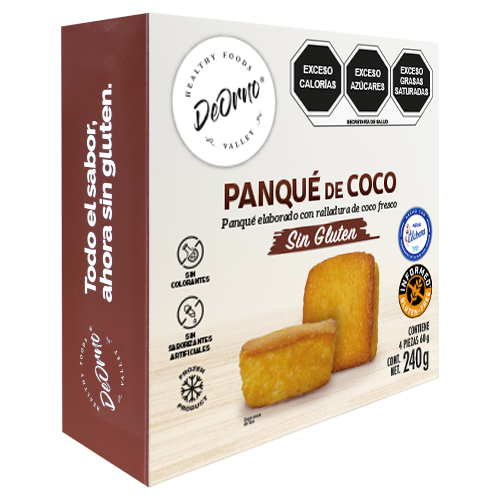 Panqué de COCO sin gluten, 4 piezas de 60g c/u.